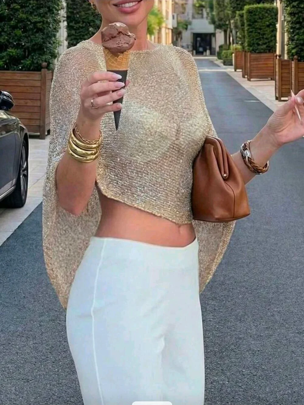 FOR BEAUTY ✦ Shiny Asymmetric Knit Top ✦ Gold Ribbed Lightweight Loose Fit M - Picture 4 of 9